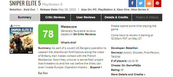 《狙击精英5》Steam褒贬不一 最高在线不及4代